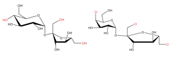 On the left, we have the 3D chemical structure of sucrose, or table sugar, and on the right we have the 3D chemical structure of sucralose, the ingredient which makes Splenda™ sweet.